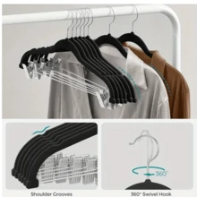 30 Cabides Adulto de Veludo Com Barra e Presilha de Metal Preto - Preto - Visão 2