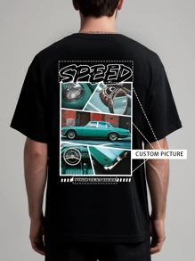 定制个性化男士 T 恤：选择您想要的图像和文字，经典黑色短袖圆领，适合团队、团体和情侣，适合男士和女士，送给家人和朋友的绝佳礼物（情侣照片/爱人/宠物/最好的朋友照片/万圣节照片）、万圣节礼物、派对、朴素时尚、简约别致、休闲定制