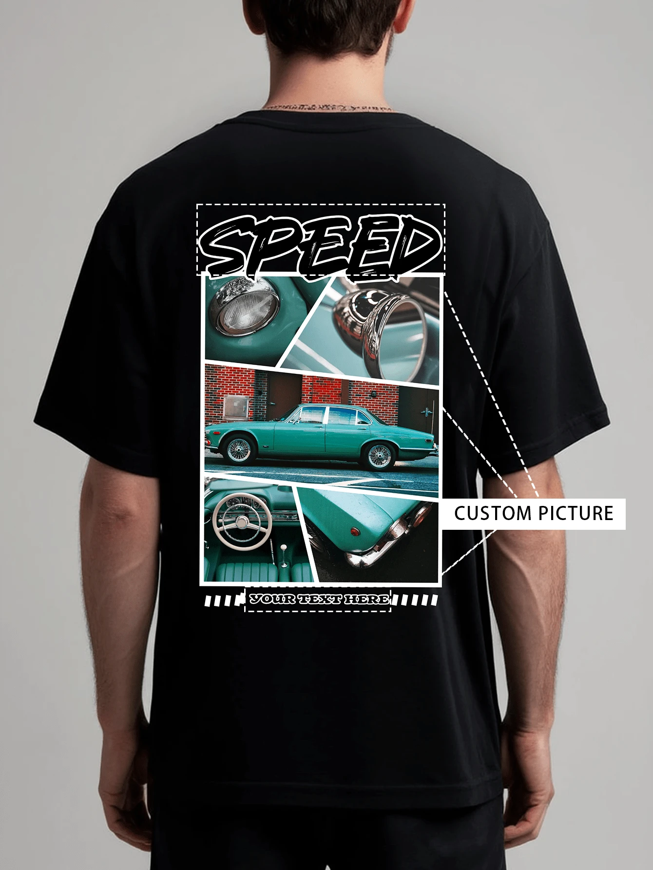 定制个性化男士 T 恤：选择您想要的图像和文字，经典黑色短袖圆领，适合团队、团体和情侣，适合男士和女士，送给家人和朋友的绝佳礼物（情侣照片/爱人/宠物/最好的朋友照片/万圣节照片）、万圣节礼物、派对、朴素时尚、简约别致、休闲定制