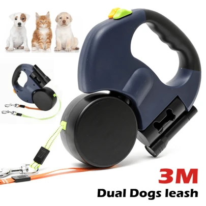 360° Retractable Lead Leash Double Pet Dog Training Lead 3M For 2 Dog UK