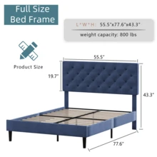 Twin/ Full/ Queen/ King Bed Frame, Upholstered Platform Bed Frame With Headboard, Solid Wood Slats, No Box Spring Needed, Noise-Free, Easy Assembly, White/ Grey/ Dark Grey/ Pink/ Blue - 藍色 - 查看 7