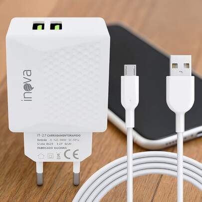 Carregador Fonte Turbo 2 Portas USB 3.1A Bivolt com Cabo Micro-USB V8