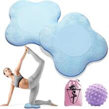 4PCS Blue Yoga Knee Pad Set – 2PCS Thick Non-Slip Flower Cushions + Massage Ball + Storage Bag For Women Workout & Stretching
