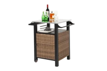 Sairedel Single Door Bar Cart,Outdoor Kitchen Wicker Island Rolling Cart & Storage Cabinet, Wheels And Stainless Steel Extended Table Top, Side Handle For Patio Kitchen Or Bar Cart, Brown - 1 - View 9