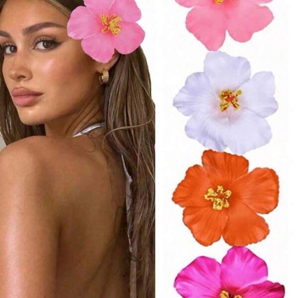 4 szt./1 zestaw hawajskich spinek do włosów z kwiatami, dla kobiet, 4 szt. sztucznych spinek do włosów z hibiskusem i różą, odpowiednie na wakacje, plażę, imprezę, letnie tropikalne kwiatowe akcesoria do włosów, dobry prezent dla dziewczynek na Halloween