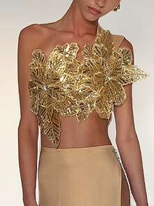 Women's 3D Flower Gorgeous Sequin Decor One Shoulder Sleeveless Bandeau Top Slim Fit Going Out Party Camisole - 金色 - 查看 2