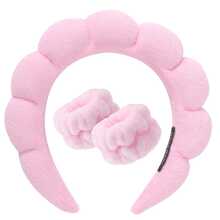 1 Set: 1pc Headband/2pcs Wristbands/3pcs Spa Headbands, Makeup Headbands, Facial Headbands, Skincare Headbands, Pink Velvet Fluffy Sponge Headbands, Bow, Pompom, Spa Headbands, Wristband Hair Accessories - Multicolor - View 10