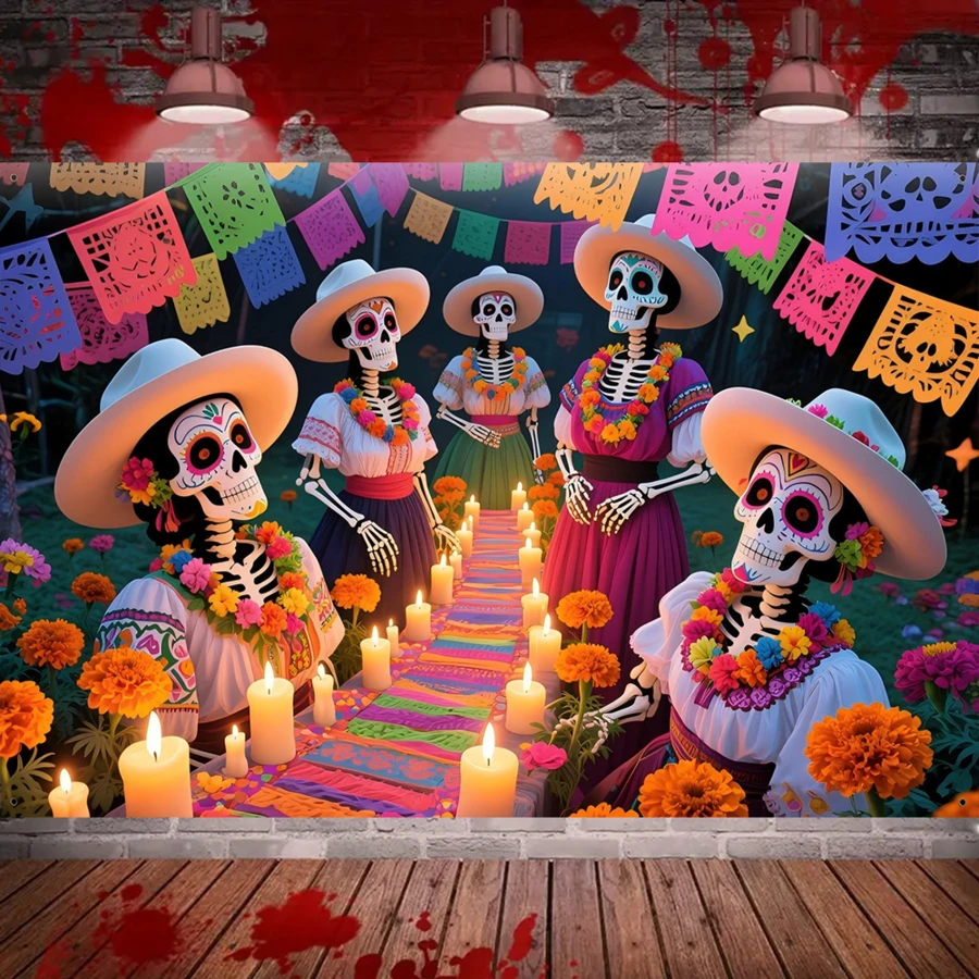 1pc Halloween Party Banner, Made Of Polyester Material, With A Skull Party Background Picture, Suitable For The Atmosphere Decoration Of The Day Of The Dead - Halloween, Indoor And Outdoor Decoration, Festival Decoration, And Background Picture Decoration For Photography - Multicolor - View 1