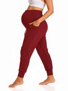 Women Pregnant Women High Waist Support Side Pocket Bunched Feet Exercise Yoga Pants - 酒紅色 - 查看 2