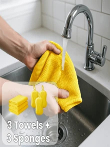 Conjunto de 6 Peças de Pano de Limpeza e Esponja - 3 Toalhas Absorventes + 3 Esponjas de Limpeza Dupla Face - Reutilizável para Cozinha, Carro, Banheiro, Louças - Almofada de Limpeza Sem Arranhões