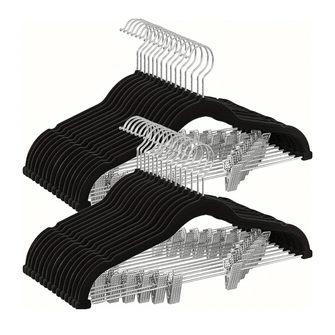 30 Cabides Adulto de Veludo Com Barra e Presilha de Metal Preto - Preto - Visão 1
