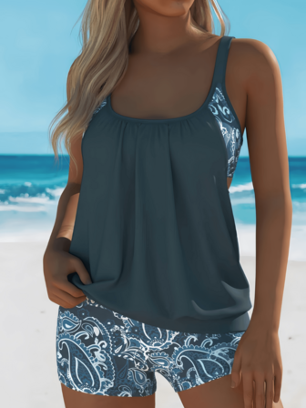 女士时尚印花两件套坦基尼套装，可调节肩带全罩杯泳衣，波西米亚风格，适合海滩和泳池，优雅可爱，夏季夏威夷海滩度假