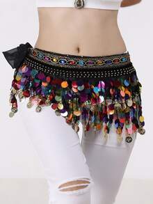 女士肚皮舞臀巾裹裙，带亮片流苏，迷你裙装，适合泰国/阿拉伯舞者