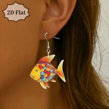 Par de pendientes de 2D planos con decoración de pez azul y flor de colores para mujeres, pendientes creativos de peces de colores acrílicos
