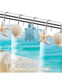 12 件动物和海洋主题树脂装饰浴帘挂钩，海龟、海星、贝壳，重型防锈金属浴帘挂钩