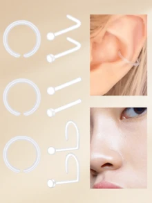 3 pièces Clous de nez en plastique décontractés de 20G, unisexe, décoration quotidienne, anneaux de nez en forme de L de 20G, anneaux de nez de perçage transparents bioélastiques, bijoux de perçage de nez en plastique flexible - Transparent - Voir 2
