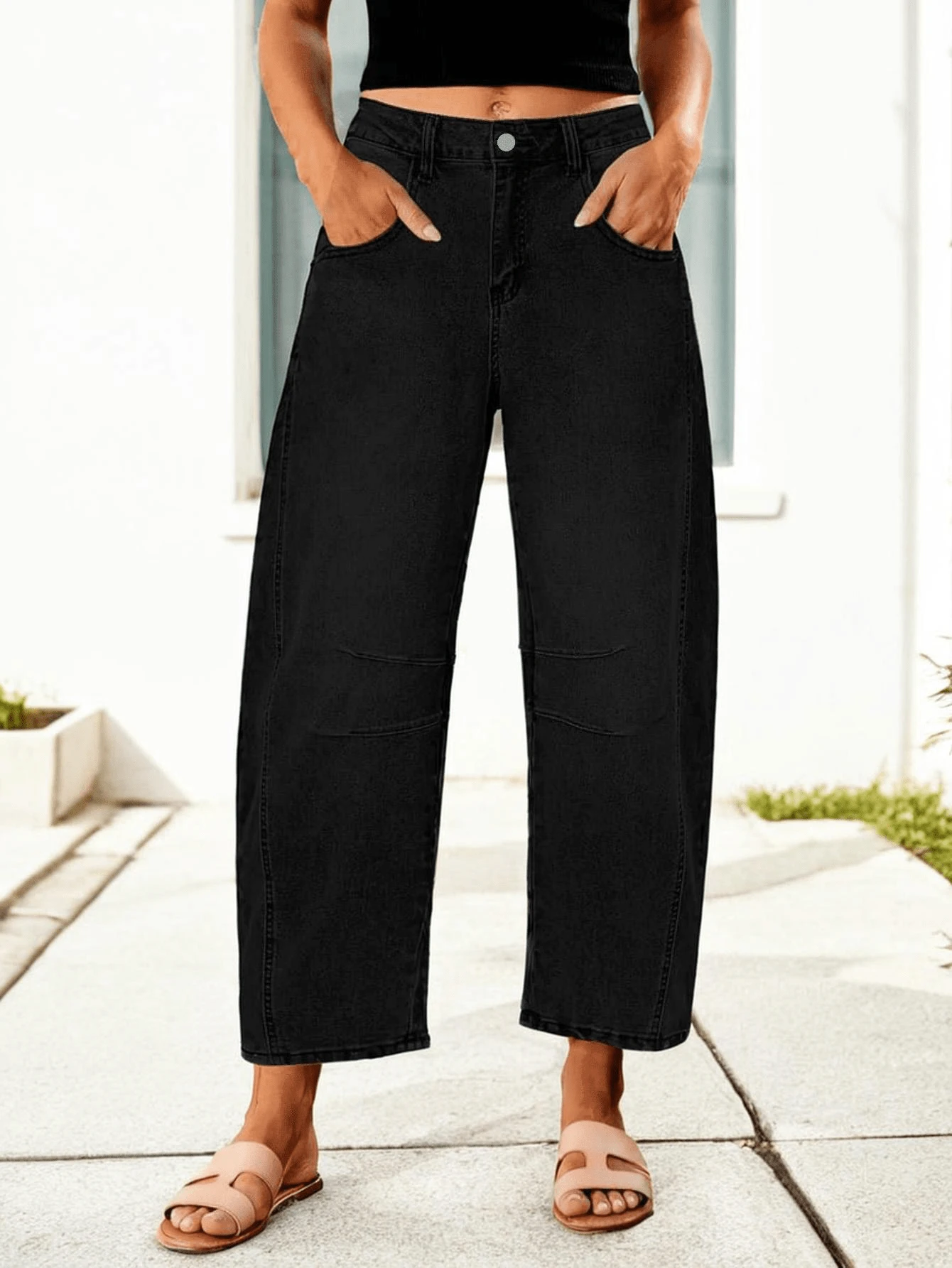 Damen einfarbige Lässig Knopf-Reißverschluss-Taschen Jeans, geeignet für den täglichen Gebrauch in allen Jahreszeiten - Schwarz - Übersicht 1