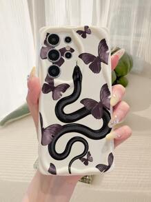 1 pieza Funda de teléfono premium con patrón misterioso de serpiente y mariposa, blanca, con textura ondulada gruesa, anti-caída y con lente perforada para protección, compatible con Apple/Redmi/Infinix/OPPO/VIVO/Realme