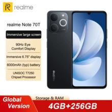 Realme Note 70T 4+64 GB 4+128 GB 4+256 GB Smartfon w wersji globalnej 6,75-calowy wyświetlacz 90 Hz zapewniający komfort dla oczu 6000 mAh masywna bateria Chipset UNISOC T7250 300% ultragłośności 13 MP aparat AI