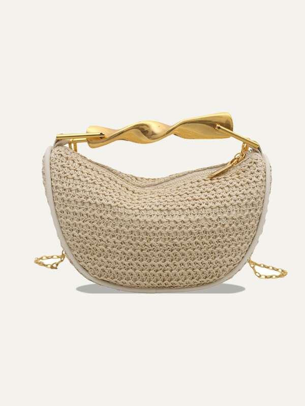 1pc Handmade Bohemian Style Women's Clutch Bag, Fashion Minimalist Versatile Sophisticated Metal Handle Straw Woven Bag, Suitable For Summer Vacation, Suitable For Parties And Daily Use