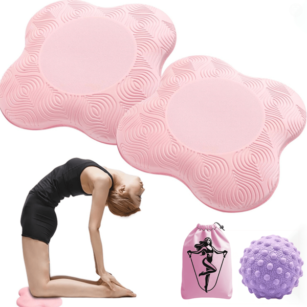 4 pièces Set de genouillères de yoga bleues - 2 coussins épais antidérapants à fleurs + Balle de massage + Sac de rangement pour femmes Entraînement et Étirement