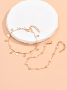 2 件/套时尚简约仿珍珠星形水钻脚链，适合日常佩戴和海滩度假（珍珠、星星和水钻数量随机） - 金黃色 - 查看 2