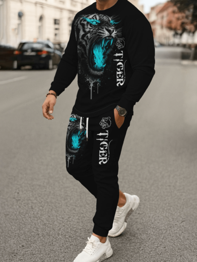 2pcs Plus Size Men's Blue Flame Tiger Head Sportswear Set - Crew Neck Casual Sweatshirt & Pants, Streetwear Style, Autumn/Winter