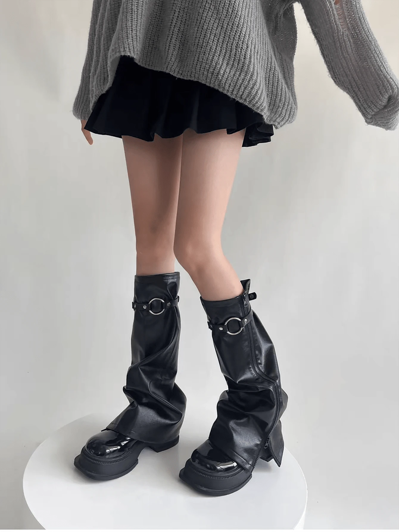 polve 皮革暖腿套、女士拉链靴套、绑带裤暖腿套、Subculture靴筒套、Y2K皮革暖腿套、春秋配饰 - 常規款 - 查看 1