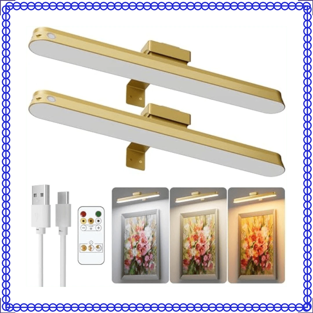 Gold, Art Display Light For Picture Frame Artworking Portrait, Timer Painting Light, Dimmable, 2-Pack 16in Magnetic Rechargeable Picture Light With Remote, Picture Lights For Wall Battery Operated - 11 - View 1