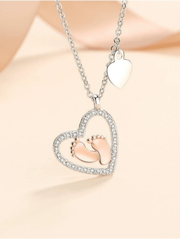 925 Sterling Silver Dual-Tone Cute Footprint Heart Pendant Necklace Charm
