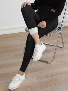 Mallas térmicas forradas para mujer, de cintura alta, unicolor, ajustadas, para uso casual al aire libre, invierno, con forro polar - Negro - Ver 3