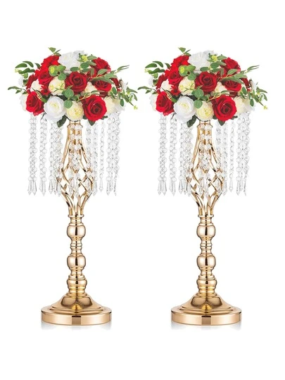 2 piezas, soporte de flor de cristal para centros de mesa de boda, soporte elegante alto de metal para arreglos florales, jarrón de metal para mesa para boda, fiesta, cena, evento, hotel, decoración del hogar, regalos, flores de plástico, decoración de habitación dorada y plateada, jarrón de vidrio