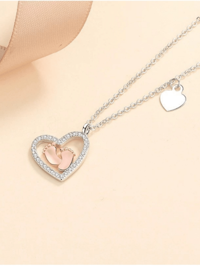 925 Sterling Silber Doppelfarbiger süßer Fußabdruck Herz Anhänger Halskette Charm