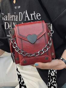 Bolso cuadrado pequeño de moda, casual y elegante con cadena gruesa, decoración en forma de corazón, correa ancha, bolso de hombro y bandolera para mujer, adecuado para citas, compras y viajes