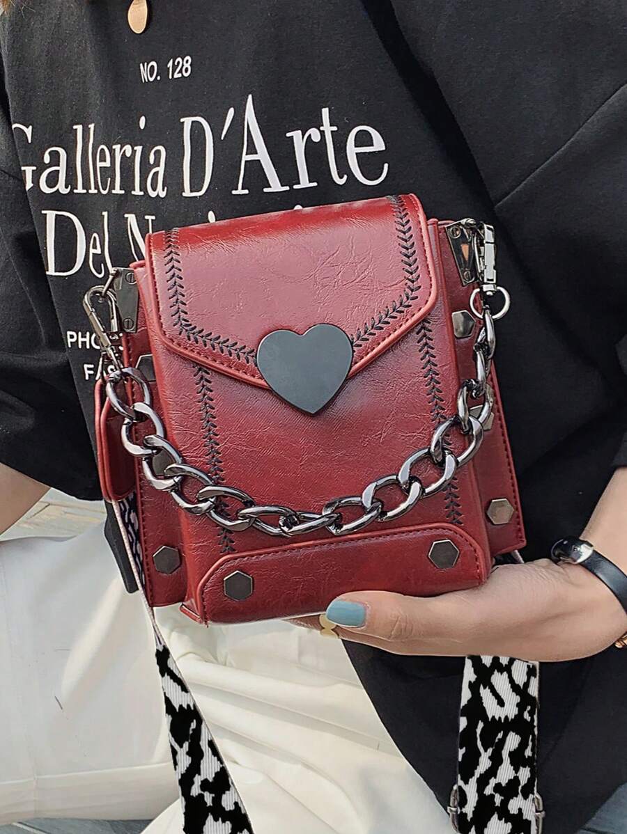 Bolso cuadrado pequeño de moda, casual y elegante con cadena gruesa, decoración en forma de corazón, correa ancha, bolso de hombro y bandolera para mujer, adecuado para citas, compras y viajes