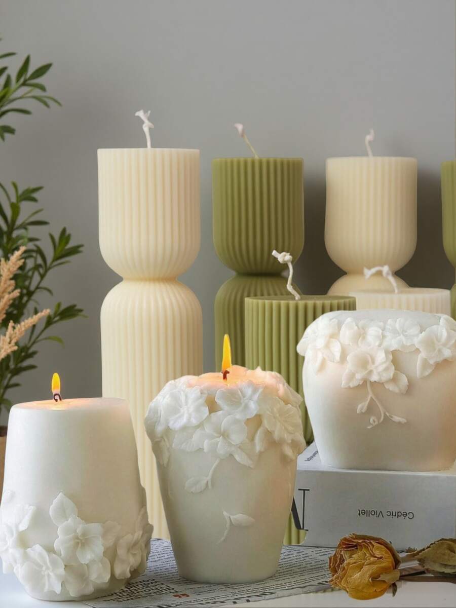 1 Pc Nordic Style Rattan Flower/Peony/Round Geometric Candle, Embossed Design, Handmade Artwork, Perfect For Birthday, Wedding, Party Decorations And Gifts, Suitable For Bedroom, Living Room, Dining Table, Christmas, Gifts For Friends, Holiday Gifts. - Multicolor - View 1