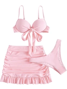 Three Piece Set Women's Solid Ruched Knot Bikini Set, Casual Adjustable Spaghetti Strap Push Up Ring Linked Swim Top & Ruffle Hem Ruched Swim Skirt & High Cut Swim Bottom Set - 淺粉色 - 查看 1