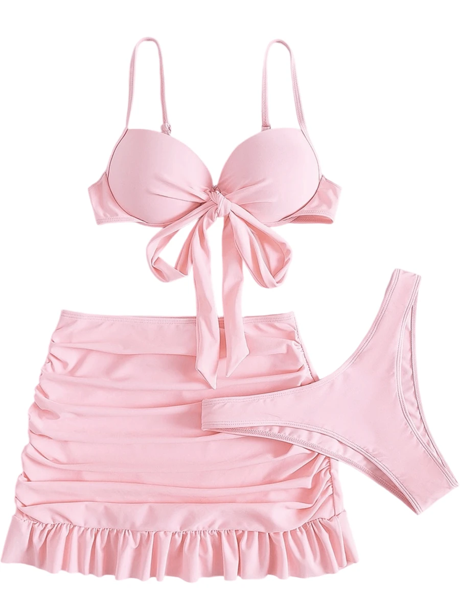 Three Piece Set Women's Solid Ruched Knot Bikini Set, Casual Adjustable Spaghetti Strap Push Up Ring Linked Swim Top & Ruffle Hem Ruched Swim Skirt & High Cut Swim Bottom Set - 淺粉色 - 查看 1