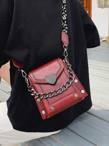 Bolso cuadrado pequeño de moda, casual y elegante con cadena gruesa, decoración en forma de corazón, correa ancha, bolso de hombro y bandolera para mujer, adecuado para citas, compras y viajes