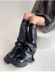 polve 皮革暖腿套、女士拉链靴套、绑带裤暖腿套、Subculture靴筒套、Y2K皮革暖腿套、春秋配饰 - 常規款 - 查看 3