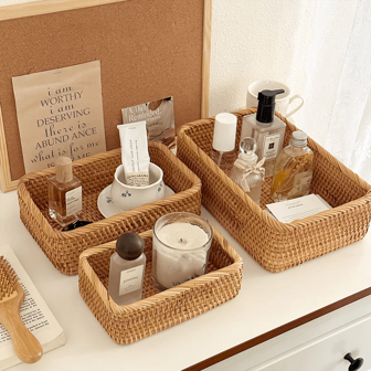 1pc/3pcs Natural Rattan Handwoven Storage Basket, Snack & Fruit Organizer Box, Wicker Basket, Bathroom Tray, Bathroom Storage Bin. Rectangular Woven Bread Basket, Decorative Organizer Basket For Tabletop & Cabinet, Durable & Elegant