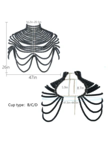 1Pc Just Gorgeous Party Wear Top Women's Heavy Faux Pearl Body Chain Handmade Beaded Top Vintage Style Elegant Gorgeous Multi-Layered Beaded Necklace Medieval Style Premium Sense Bridal Shawl - Black - View 9