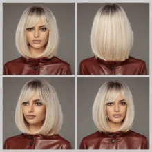 Peruka syntetyczna, krótka, prosta, 30,48 cm, z grzywką, w stylu bob w kolorze złotym – żywy kolor, lekka i modna, odpowiednia do cosplayu, codziennego noszenia i na imprezy - Ombre blond - Zobacz 6