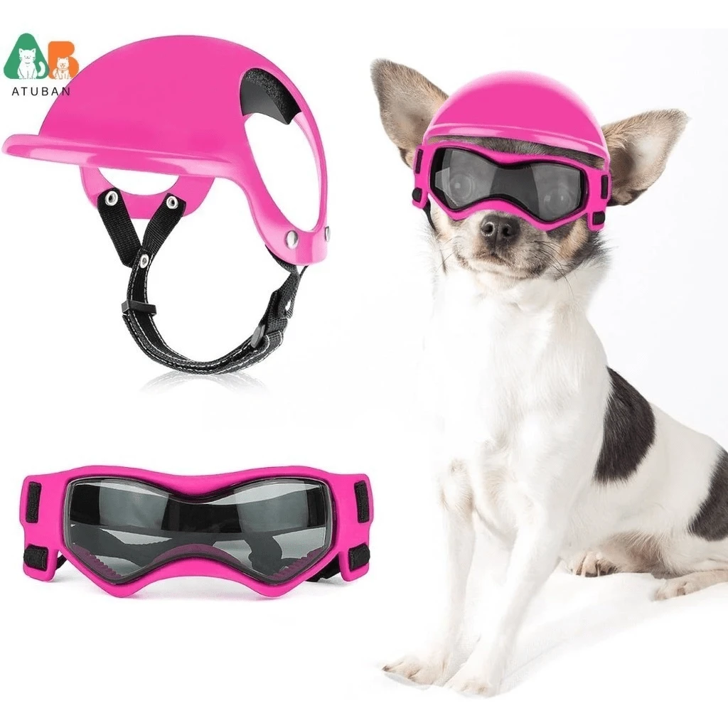 Dog Helmet And Goggles, Small Motorcycle Hat With Adjustable Straps For Walking Your Dog, Red - 玫瑰紅 - 查看 1