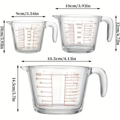 1000&500&350 Milliliter Set   High Quality Heat-Resistant Glass Measuring Cups , Accurate Measurement, Suitable For Microwave And Oven , Cake Baking Measuring Cups, Kitchen Measuring Cups
