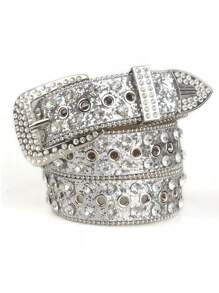 1条纯色朋克摇滚嘻哈街头风水晶镶嵌腰带，高档真皮腰带，适合秋季、万圣节、秋冬季节，适合青少年、青年、男士，休闲、户外、运动、度假、毕业礼物、生日礼物、日常佩戴