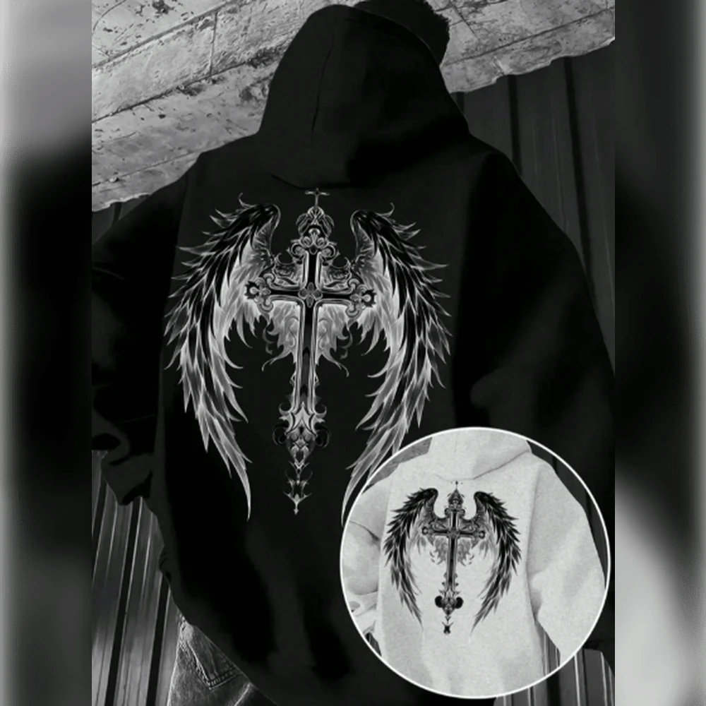 Unisex  Sweatshirt Printed Designs Wings Cross Punk Style Gothic Large Back Autumn/Winter Warm Cold Comfortable Tracksuit - 黑色 - 查看 1