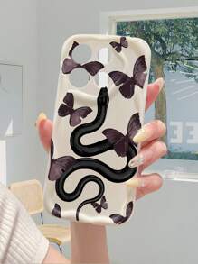 1 pieza Funda de teléfono premium con patrón misterioso de serpiente y mariposa, blanca, con textura ondulada gruesa, anti-caída y con lente perforada para protección, compatible con Apple/Redmi/Infinix/OPPO/VIVO/Realme