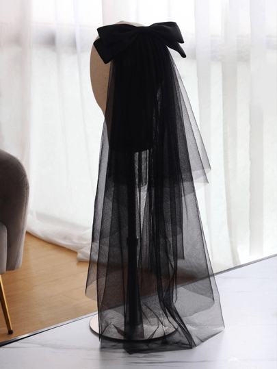 1pc Double Layer Mid-Length Black Bow Bridal Veil (With Hair Comb) Fall Clothes For Women