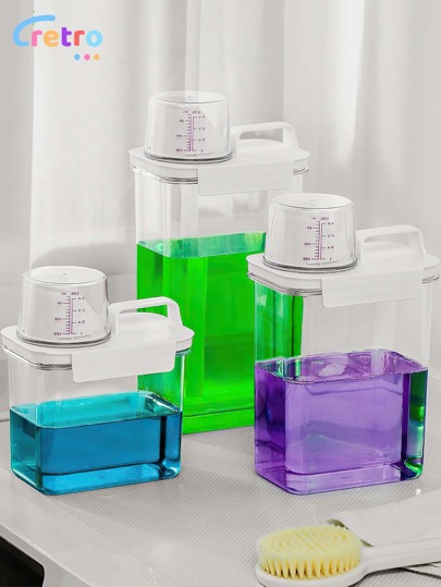 1 pieza Dispensador de detergente para la ropa CasaBella, botella rellenable de detergente con tapa, caja de almacenamiento de detergente, caja de detergente con tapa antihumedad, taza de medición y recipiente de almacenamiento transparente para la ropa, utilizado para almacenar y medir detergente líquido y en polvo, y para almacenar varios líquidos, polvos y objetos granulares, adecuado para el baño, la cocina, el comedor, la sala de estar, decoración de baño de verano en el hogar